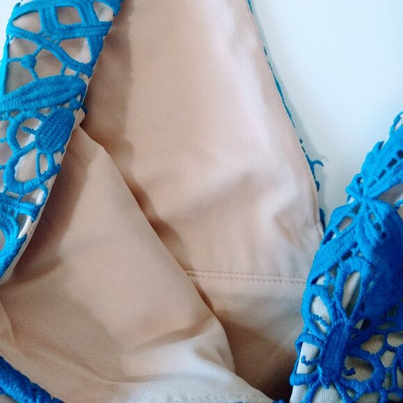 Lulus Blue and Beige Lace Midi Dress - Picture 15 of 16